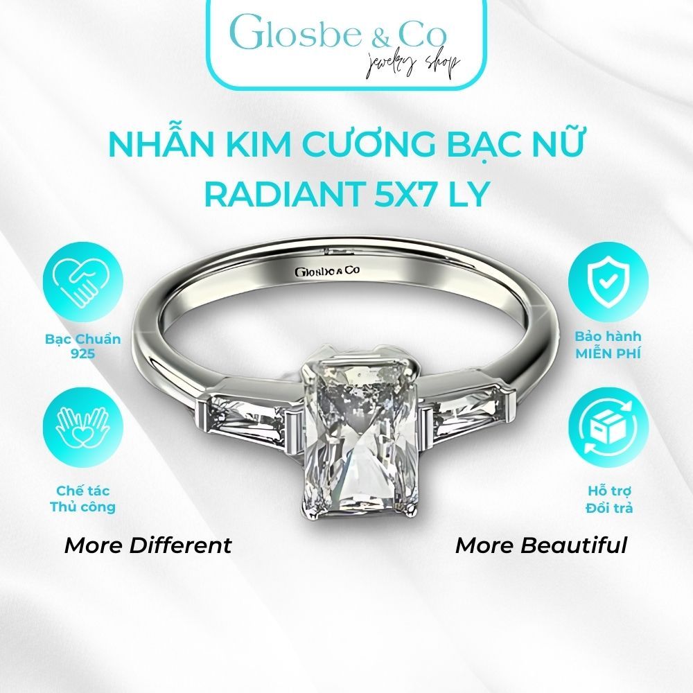 Nhẫn Kim Cương Nữ Radiant Glosbe & Co Bạc 925 Viên Chủ 5x7Ly Kết Hợp Cubic Zirconia - NBN45