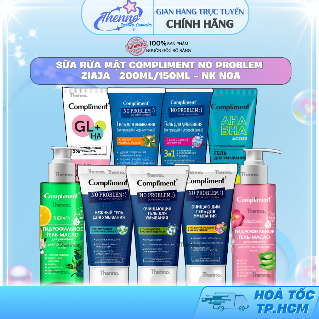 Sữa Rửa Mặt Compliment No Problem Ziaja Da Dầu Mụn Dịu Nhẹ Ngừa Mụn Kiềm Dầu Hiệu Quả 200ml/150ml