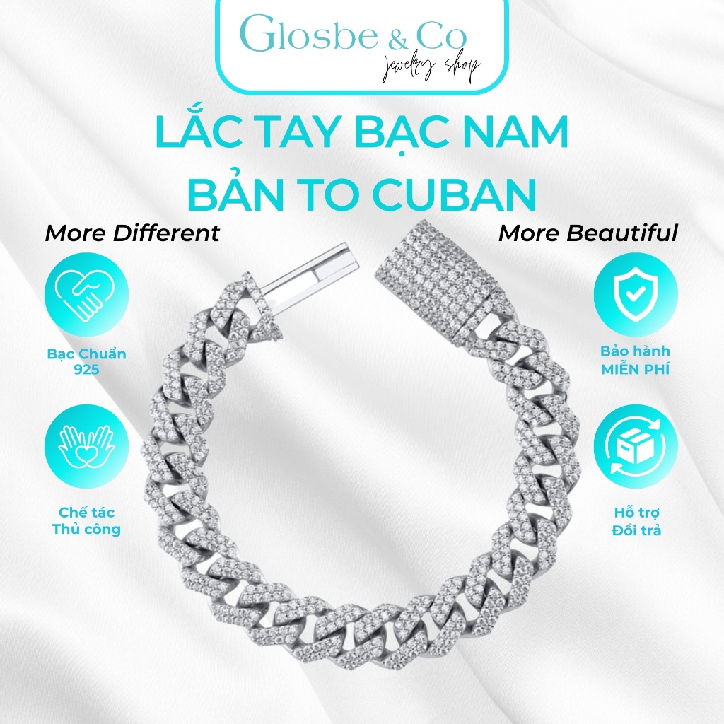 Lắc Tay Bạc Nam Cuban Glosbe & Co Bản To Full Đá Size Lớn - Trang Sức Underground Cao Cấp - LTEN10