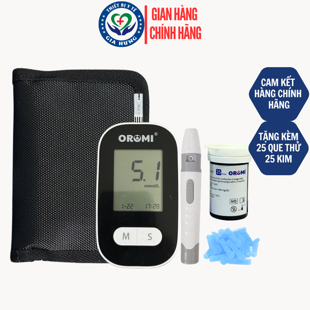Máy đo đường huyết Oromi CMS10A + 25 Que thử + 25 Kim lấy máu - Bảo hành trọn đời máy