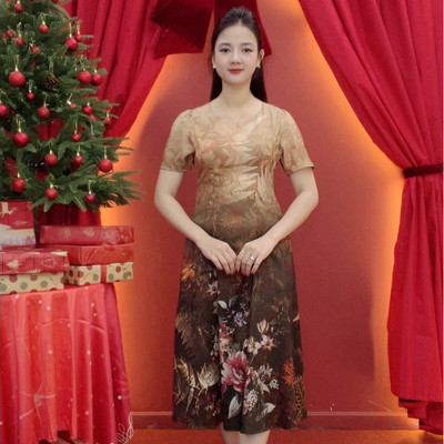 Đầm suông xòe trung niên - Cổ tròn tay ngắn - Nâu hoa - TTV2015