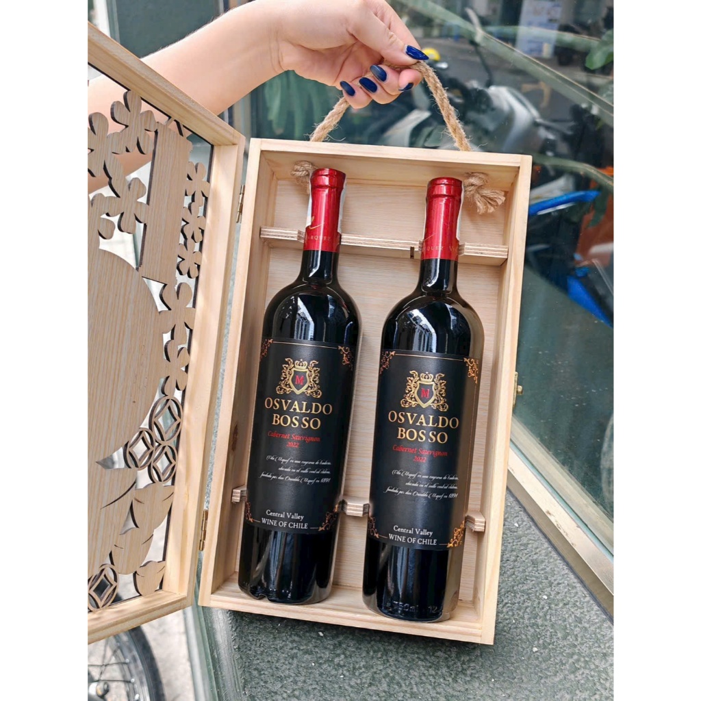 Set quà tặng 2 chai rượu vang Chile Osvaldo - Hộp gỗ Lộc Quý