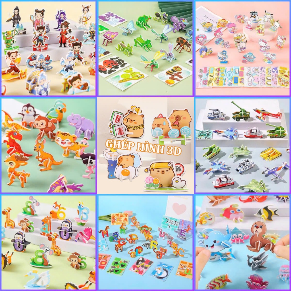 ( Không Trùng Mẫu) 200 Thẻ lắp ghép mô hình giấy 3D động vật, khủng long, côn trùng, xe, máy bay ,ku