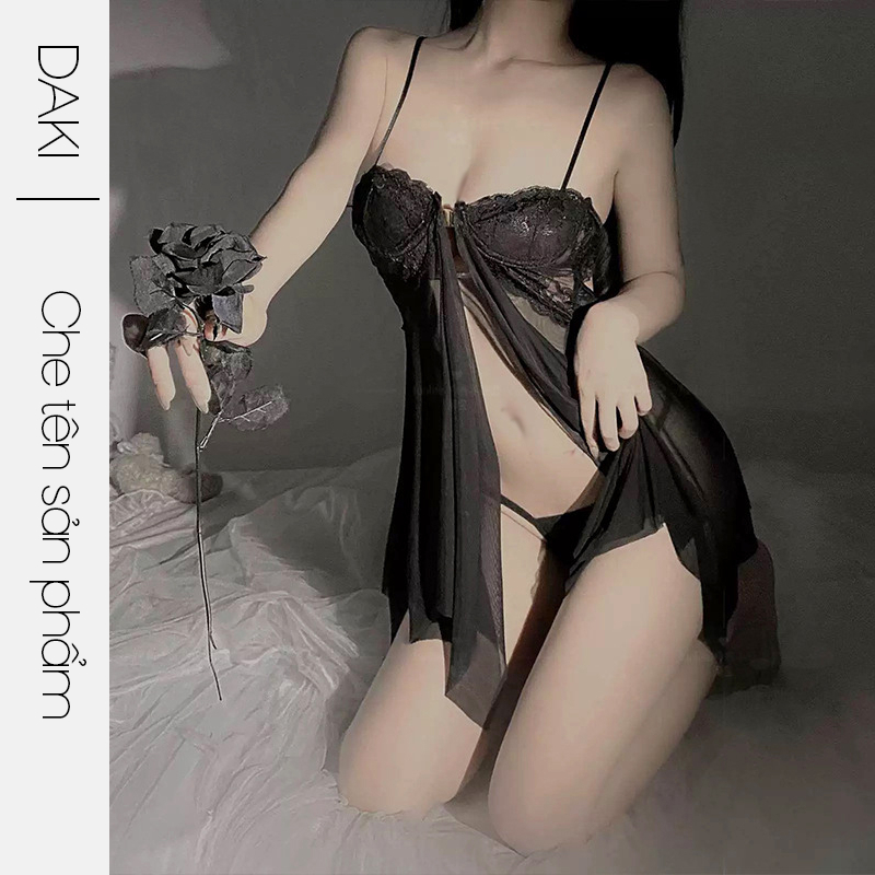 Bộ đồ váy ngủ nữ xuyên thấu sexy DN13 kiểu đầm 2 dây có gọng ngực khóa cài trước kèm quần lót gợi cảm | BigBuy360 - bigbuy360.vn