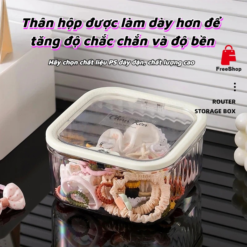 Hộp đựng mỹ phẩm và kẹp tóc mini để bàn có nắp đóng mở tự động bằng nút bấm được làm từ nhựa trong suốt chất lượng cao