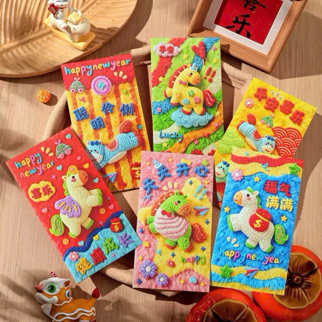 Set 6 Bao Lixi Ngựa Thổ Cẩm Giả Thêu In Bìa Đẹp ,Hoạ Tiết May Mắn, Phong Thuỷ, Bao Lixi Tết Bính Ngọ