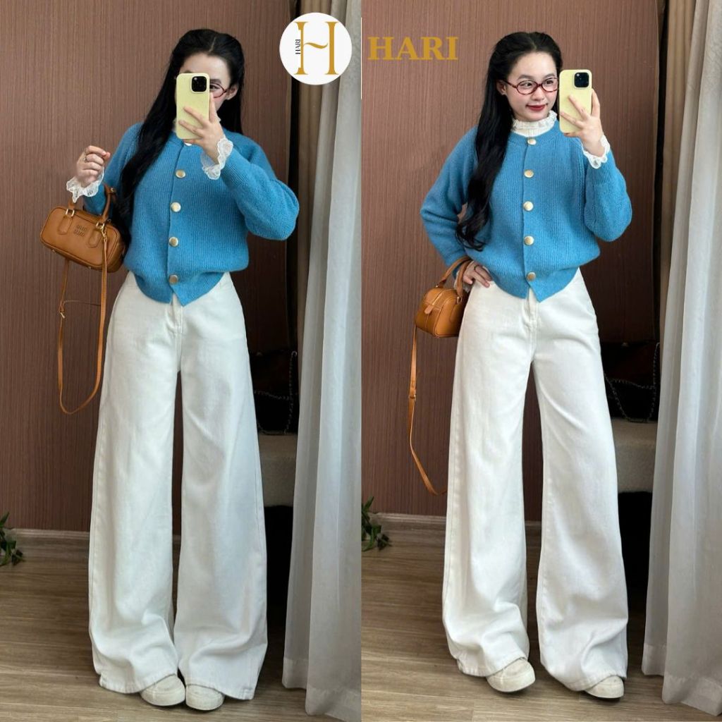 Quần jeans nữ Hari ống suông rộng trơn trắng tôn dáng