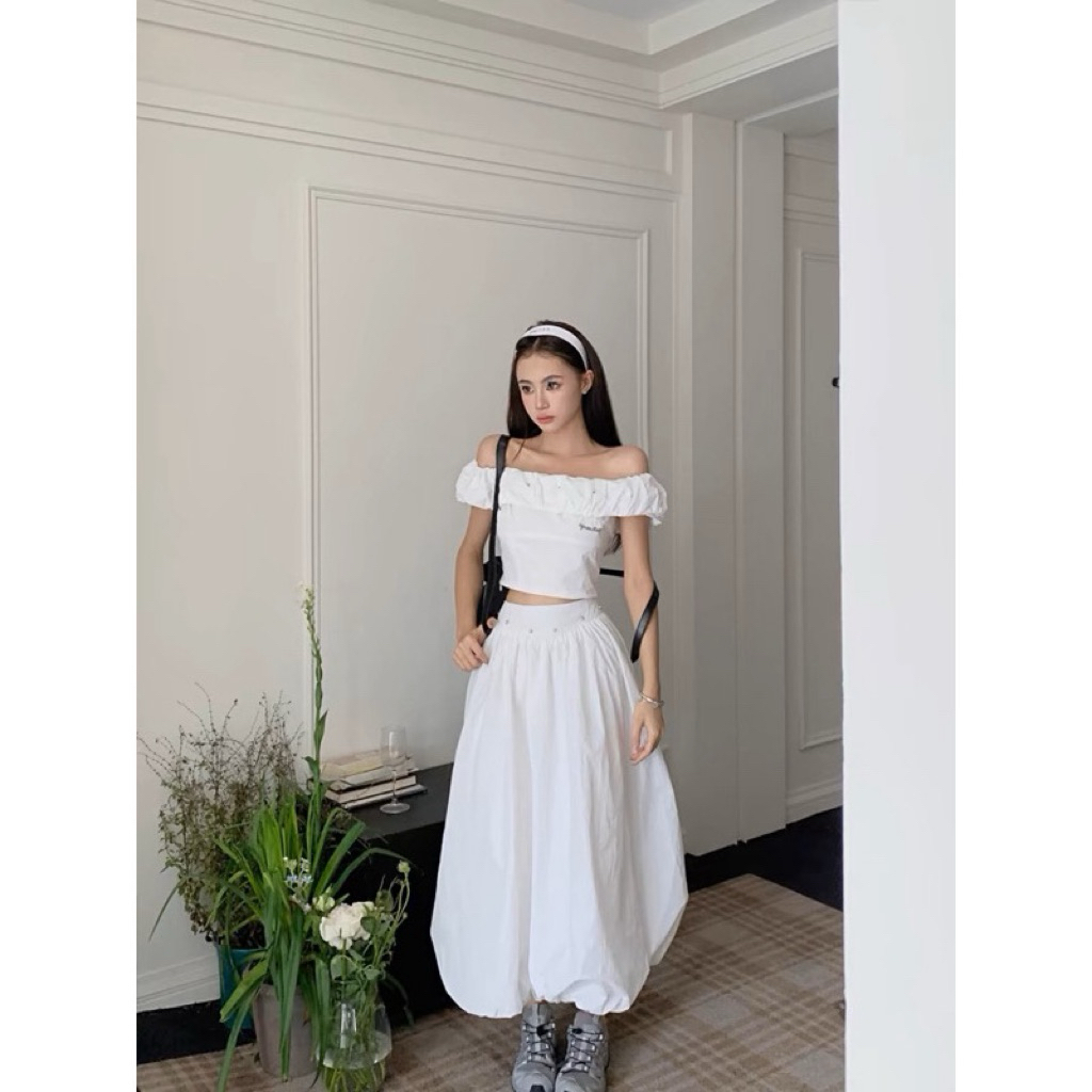 [PASS] set đầm 2 món áo trễ vai và chân váy bí