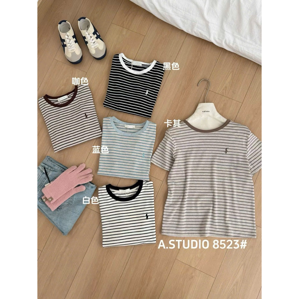 (Hương Muối) Áo phông kẻ thêu ngựa form vừa - A.studio mã 8523