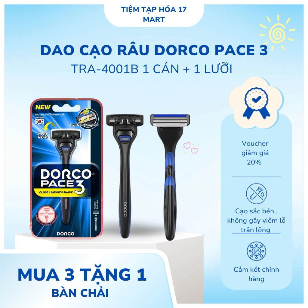 Dao Cạo Râu Hàn Quốc 3 Lưỡi DORCO PACE 3 - TRA4001-B - Gồm 1 Cán Dao và 1 Đầu Cạo ( Chính Hãng )