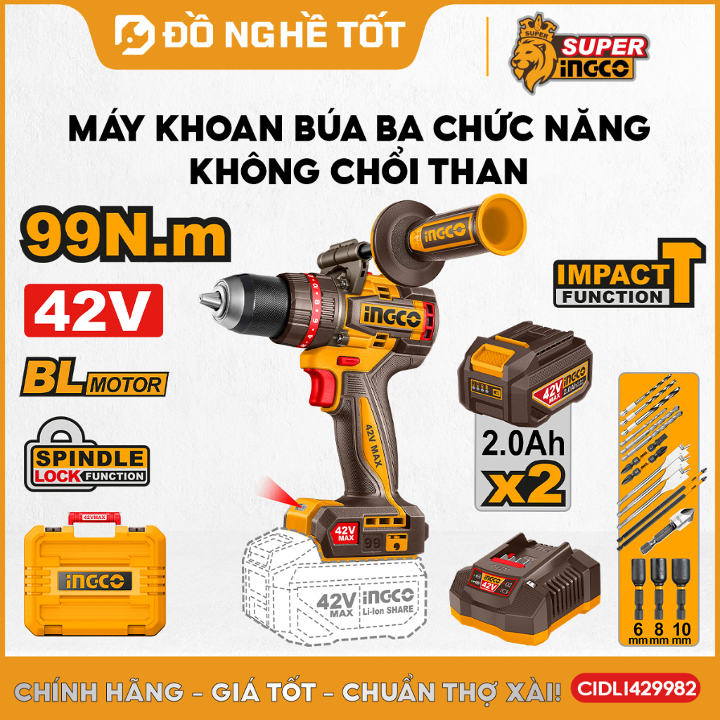 Máy Khoan Pin 42V MAX INGCO CIDLI429982 – 99Nm | Không Chổi Than | Có Tay Cầm Trợ Lực