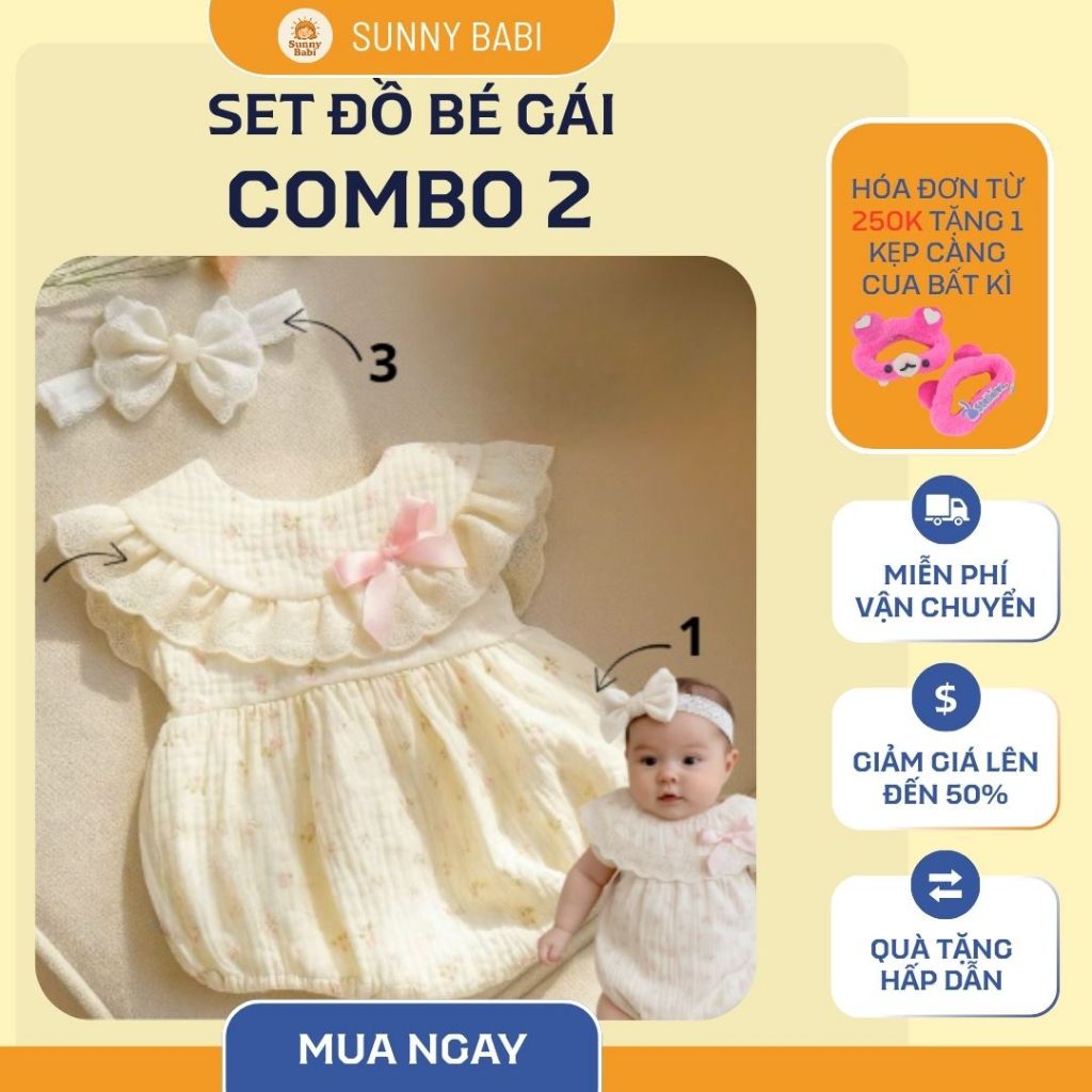 Bodysuit Cho Bé Gái Sơ Sinh 4-12KG Vải Xô Muslin - Set Bodysuit Cho Bé Gái Thôi Nôi M8 SUNNYBABI