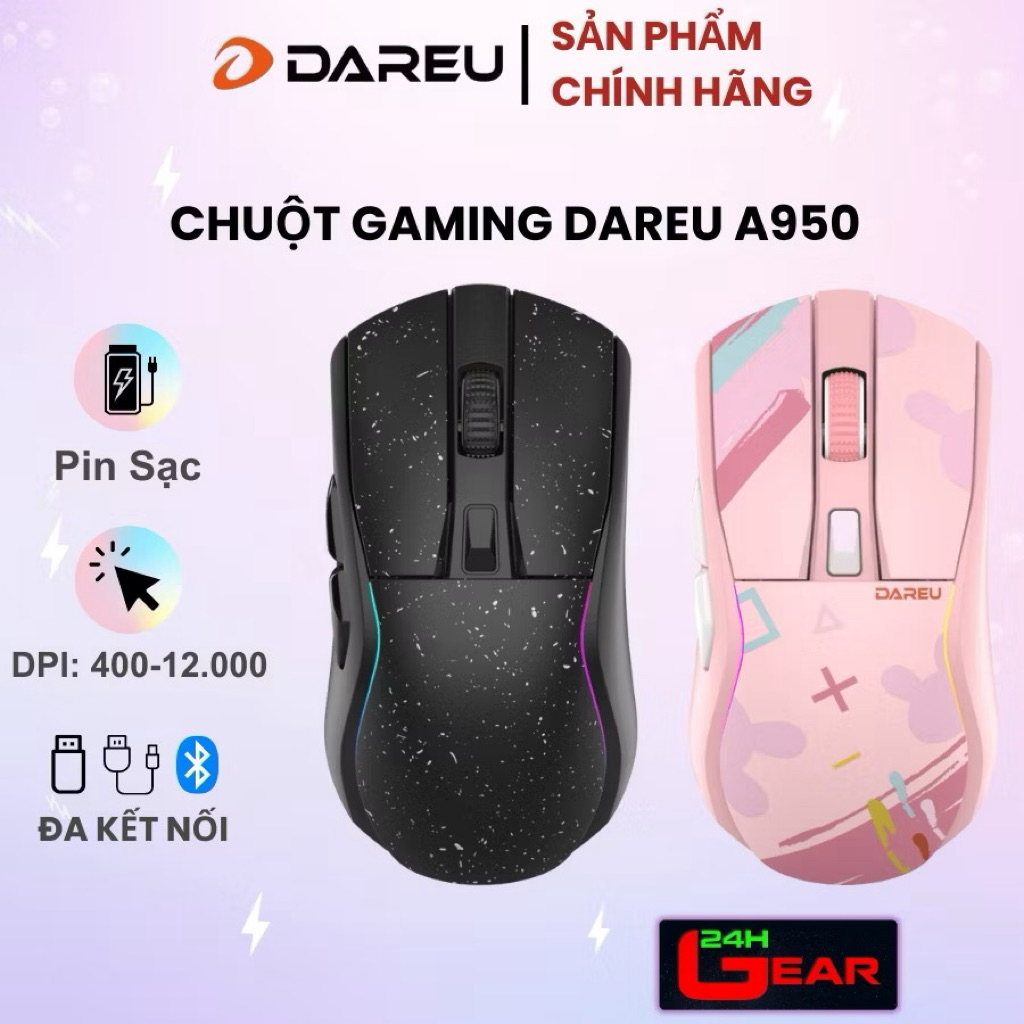 Chuột Gaming Dareu A950 Star Black / Candy Pink ( kết nối - Type-C / Bluetooth / 2.4G) ( Like new )