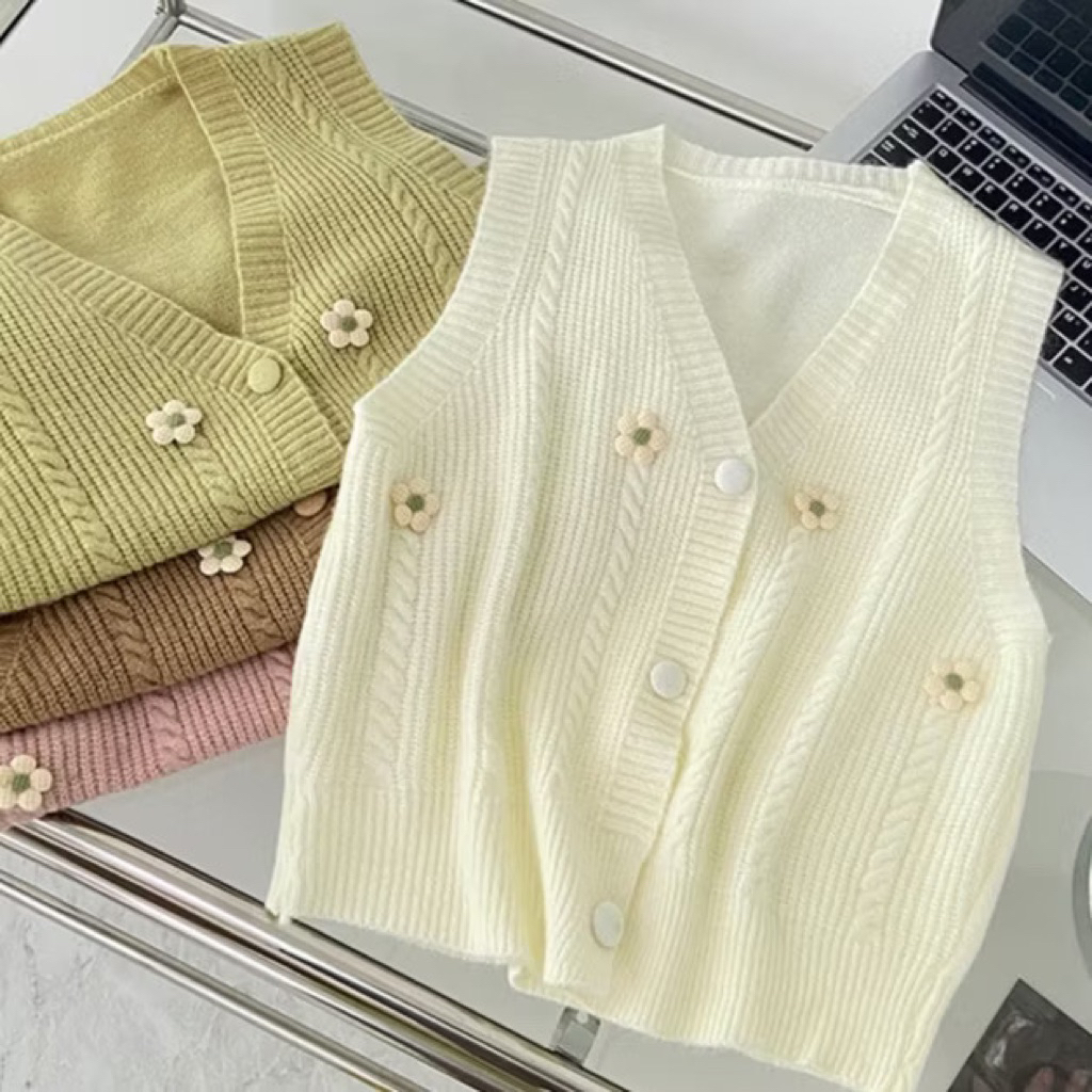 L98 Áo gile Len cúc bọc đính hoa dễ thương đủ màu