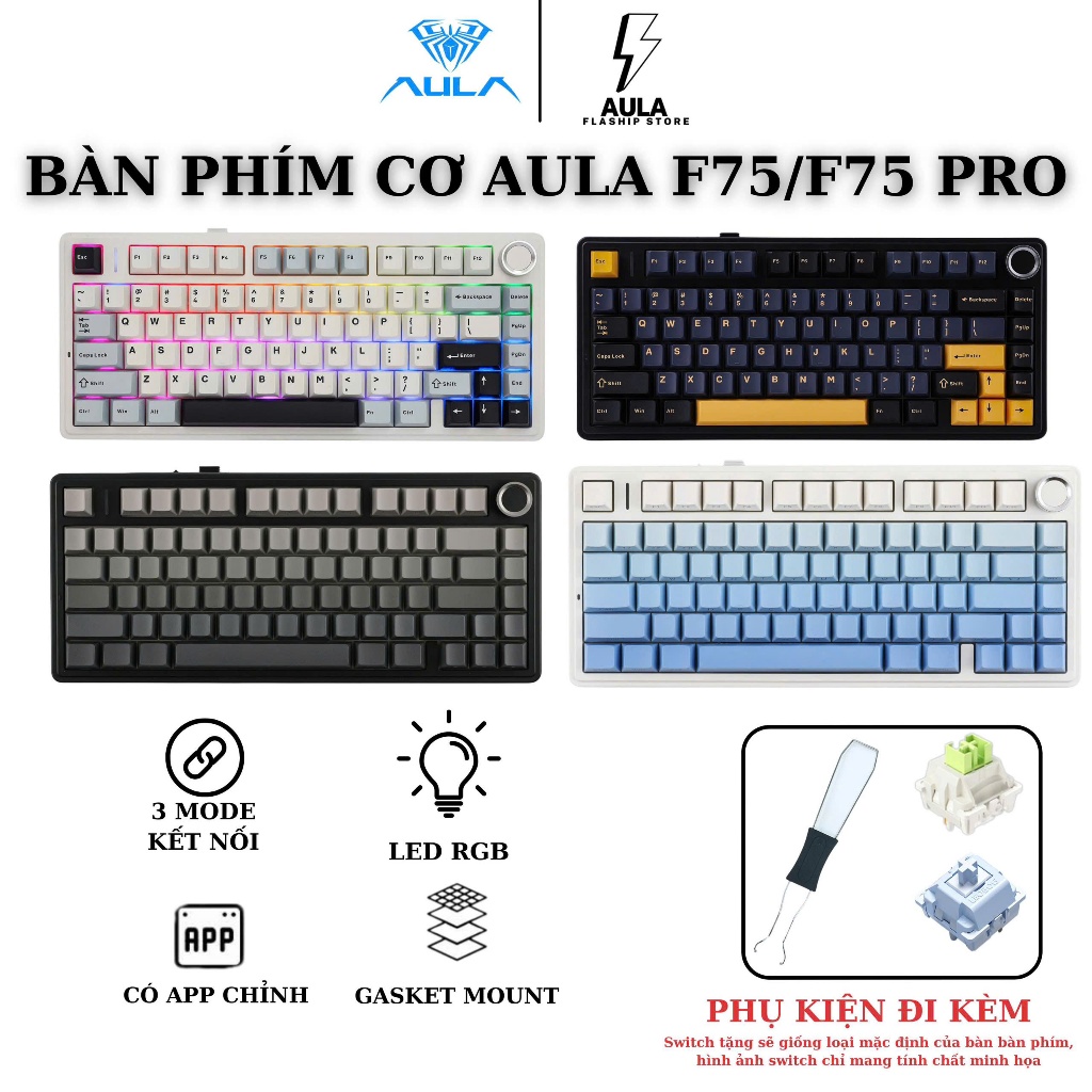 BÀN PHÍM CƠ AULA F75/F75 PRO - 3 MODE - MẠCH XUÔI - HỖ TRỢ HOTSWAP - 16,8 TRIỆU MÀU - 3 MODE KẾT NỐI