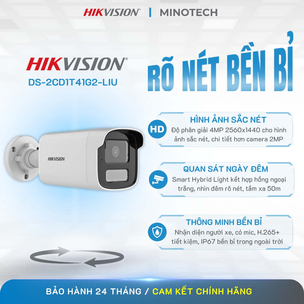 Camera IP Hikvision 4MP POE Thân Trụ Ngoài Trời DS-2CD1T41G2-LIU Có Mic, IP67
