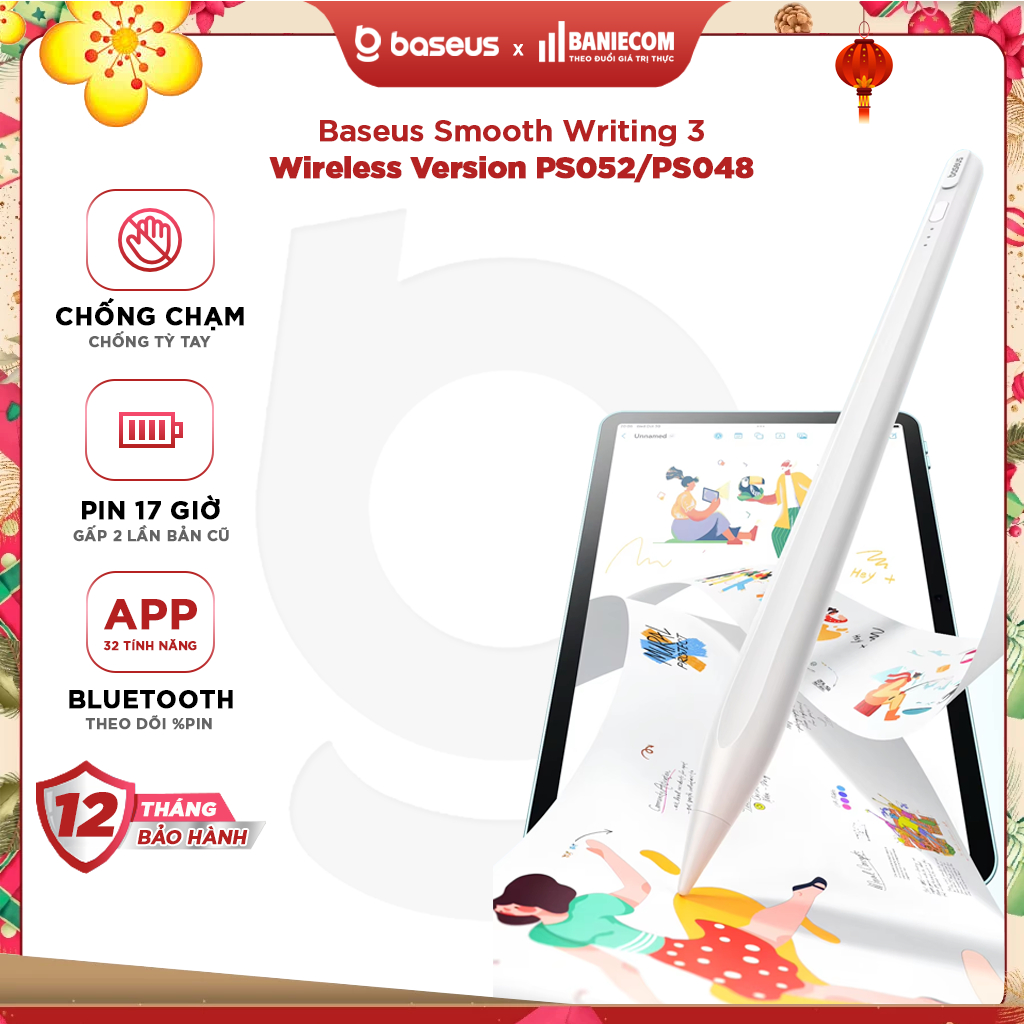 NEW 2025 Bút cảm ứng PS052 PS048 BASEUS Smooth Writing 3 TypeC Stylus Chống Tỳ Pin 17h Có App