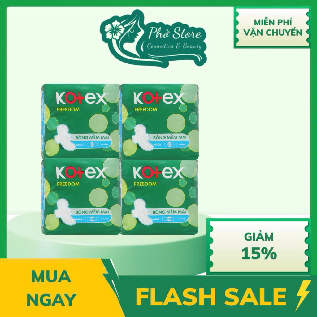 Combo 4 Gói Băng vệ sinh Kotex Freedom Mặt bông Có cánh (8 miếng/gói)