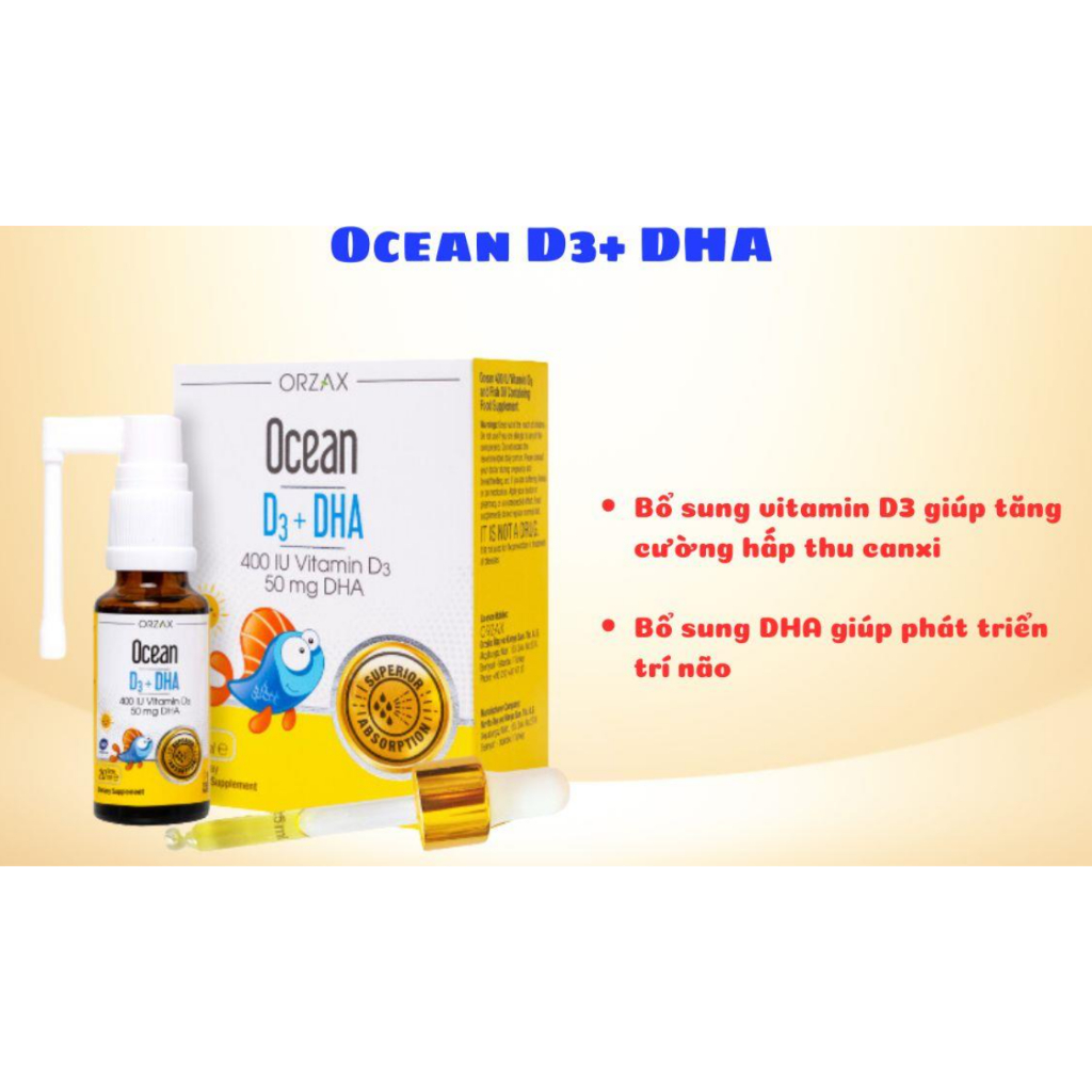 Ocean D3 DHA   ( hộp 20 ml) bổ sung Vitamin D3,hỗ trợ tăng cường hấp thu canxi,DHA tốt cho não trẻ s