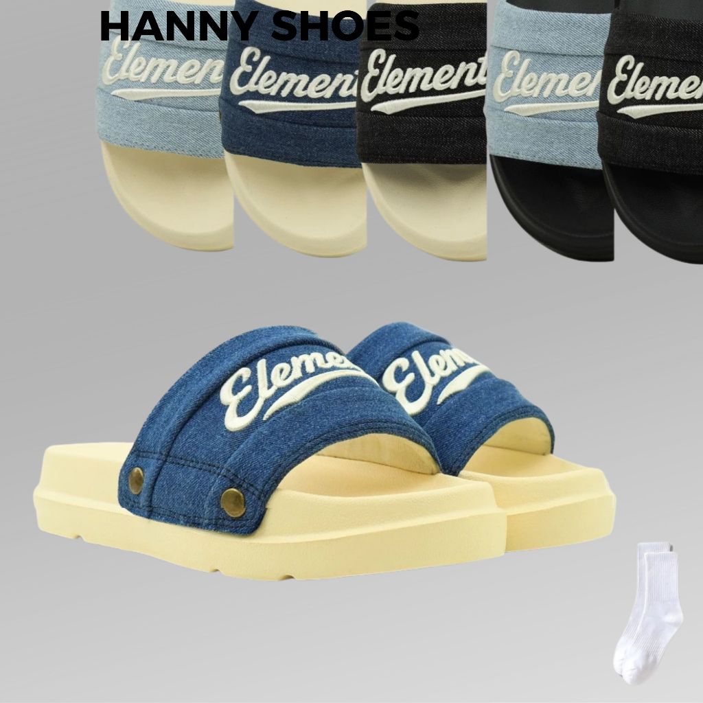 Dép ELements Nam Nữ Denim Unisex chữ thêu đính nút - (Slipper) Dép Elements vải jean đế bằng nam nữ