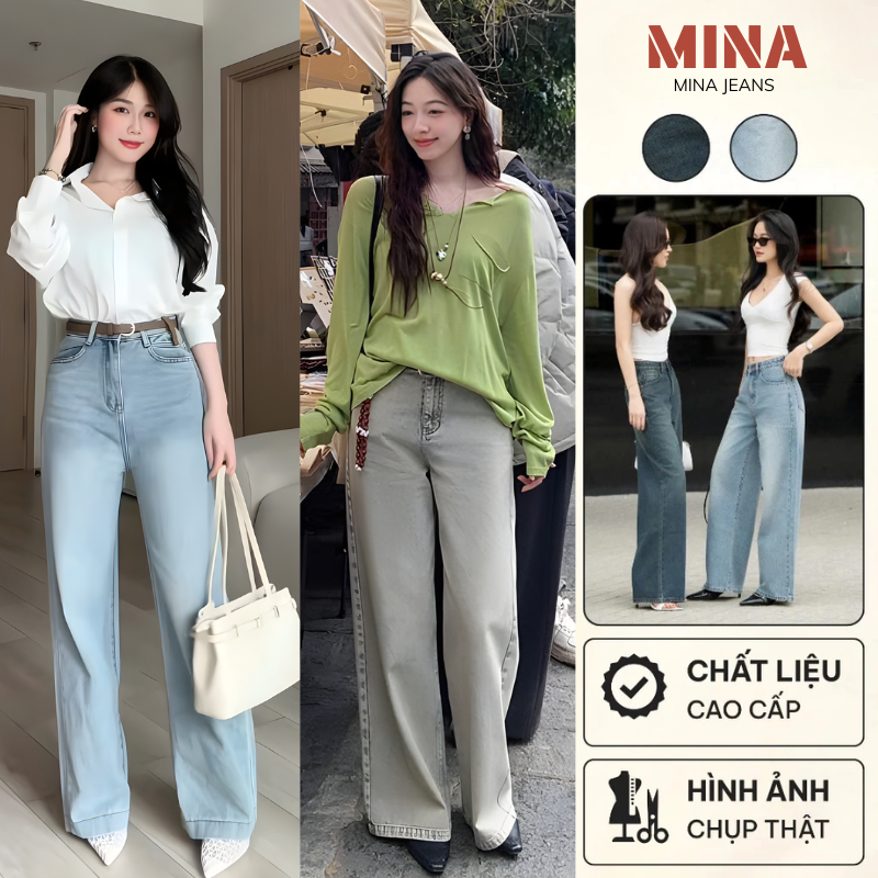 Quần Jeans Nữ Ống Rộng MINA Wash Smoke Light Blue Cạp Lưng Cao Phong Cách Retro Chất Liệu Jeans Dày 