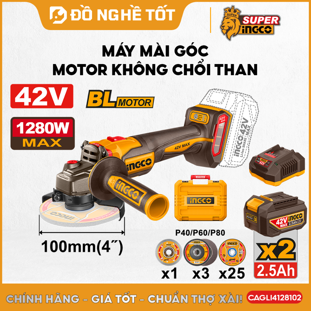 Máy Mài Góc Pin 42V MAX INGCO CAGLI4128102 – Không Chổi Than | 3 Cấp Tốc Độ | Full Phụ Kiện