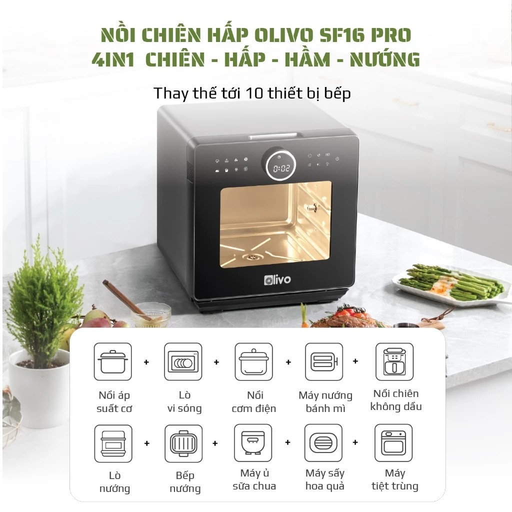 [OLIVO] Nồi chiên hơi nước OLIVO SF16 PRO - Nồi chiên hấp 70 chương trình, 16L - 2800W - Bh 2 năm