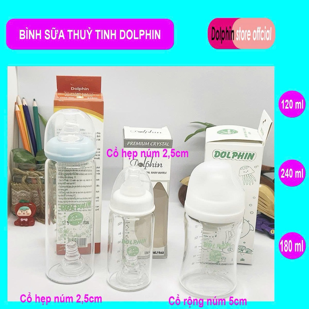 Bình sữa chất liệu thuỷ tinh an toàn Dolphin cổ hẹp 120ml/240ml và 180ml cổ rộng