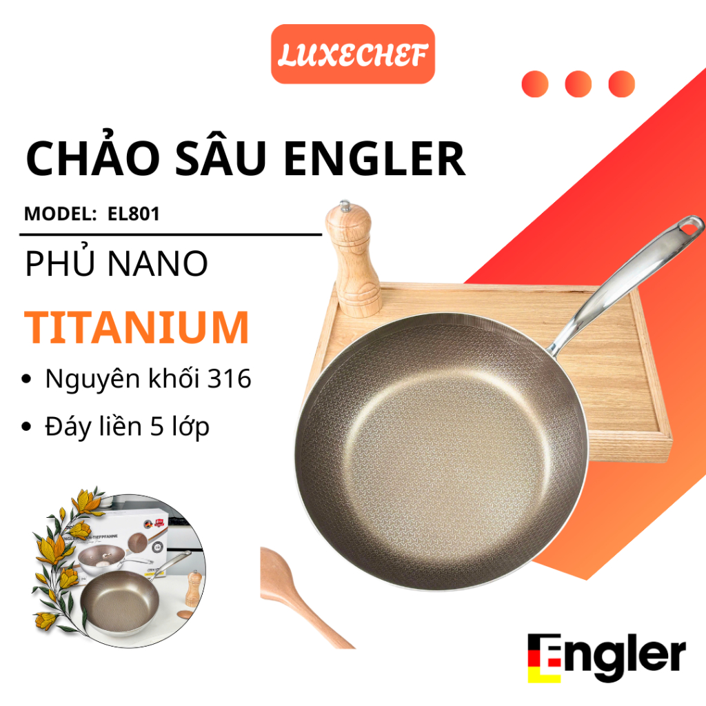 Chảo Chống Dính Tự Nhiên, Chảo Inox 316 Y Tế Engler + 7 Lớp Bắt Từ Mạnh, Không Cong Vênh EL-SAU Engl