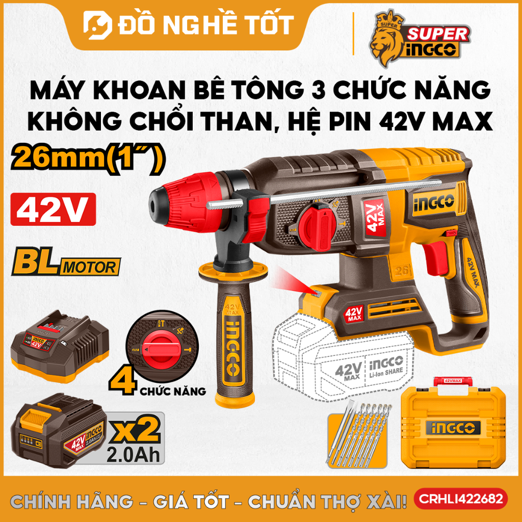 Máy Khoan Bê Tông Pin 42V MAX INGCO CRHLI422682 – 2.5J | SDS Plus | Không Chổi Than