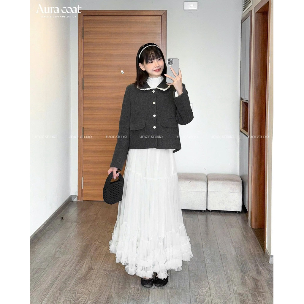 Áo khoác dạ ép trần lông vũ cao cấp phối ren Aura Coat By Jolie Jeace studio