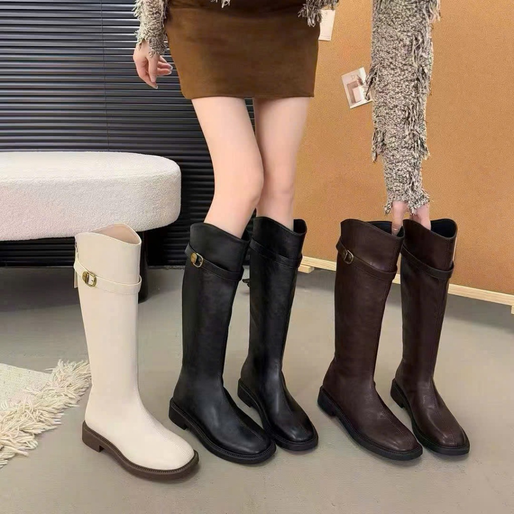 Bốt Đế bệt Boot Nữ Da Mềm Đế Bệt Thấp Boot Đùi Cao cổ khóa sau kèm đai ngang cách điệu Bốt đùi nữ Bo