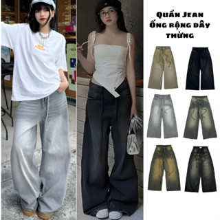  SMOKE WASH LOOSE PLEAT PANTS - Quần jeans nữ Retro ống suông rộng Dây Thừng Cạp Cao WHOSE quần jean nam Ống Cong Unisex 