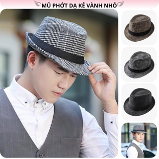  Mũ phớt vành nhỏ dành cho nam phong cách lịch lãm cổ điển quý ông chất nỉ dạ kẻ caro đai vải đen vành 3.5 cm 
