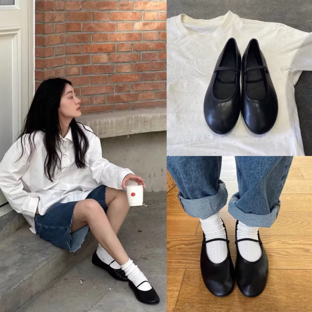 BO BÉO STUDIO | (SẴN ĐEN 36,39) GIÀY ĐẾ BỆT ROW LEATHER BALLET VIBE HÀN QUỐC QUAI CHUN