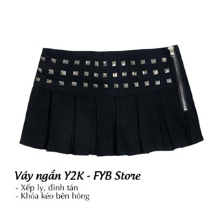  V9 - Chân váy đen 3 hàng đinh tán cạp thấp Y2K trendy form ngắn kaki thun xòe xếp ly lưng thấp cá tính có lót trong 