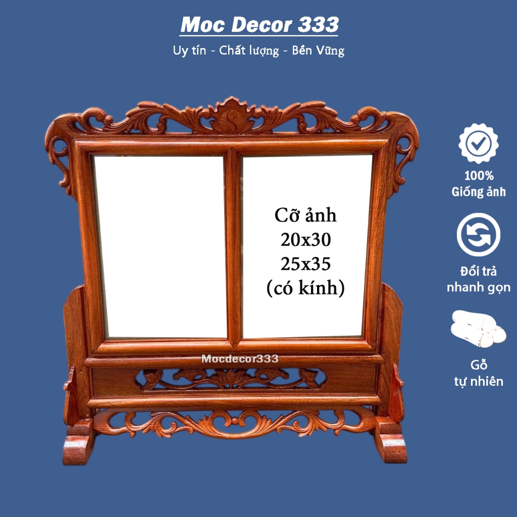 Khung ảnh thờ đôi gỗ hương đá tự nhiên, khung ảnh thờ gia tiên không cong vênh cỡ ảnh 20x30