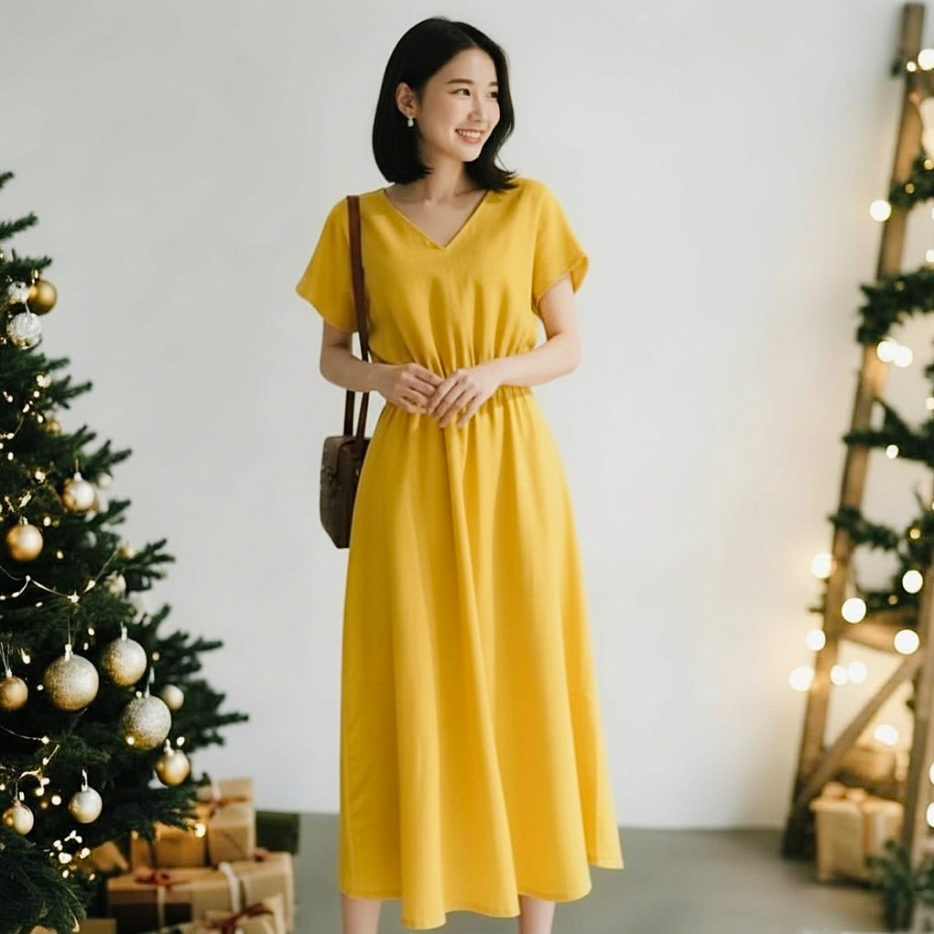 Đầm midi vàng form dài phong cách hàn quốc (kèm hình thật)