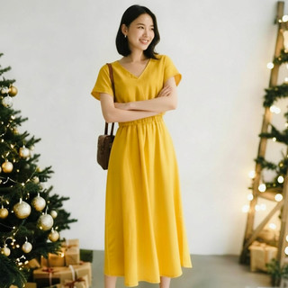 Đầm midi vàng form dài phong cách hàn quốc (kèm hình thật)