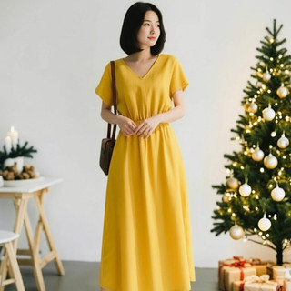 Đầm midi vàng form dài phong cách hàn quốc (kèm hình thật)
