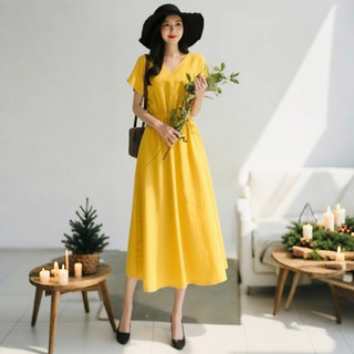 Đầm midi vàng form dài phong cách hàn quốc (kèm hình thật)