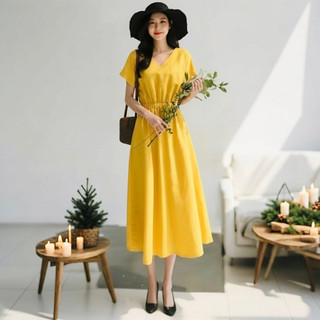 Đầm midi vàng form dài phong cách hàn quốc (kèm hình thật)