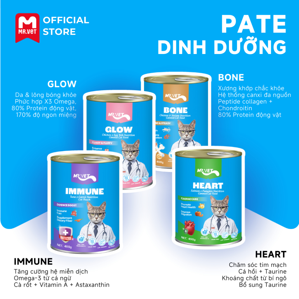 [MỚI] Thức Ăn Cho Mèo MRVET Dạng Pate Lon 400G Tiêu Hóa, Sáng Mắt, Mượt Lông, Tăng Sức Đề Kháng