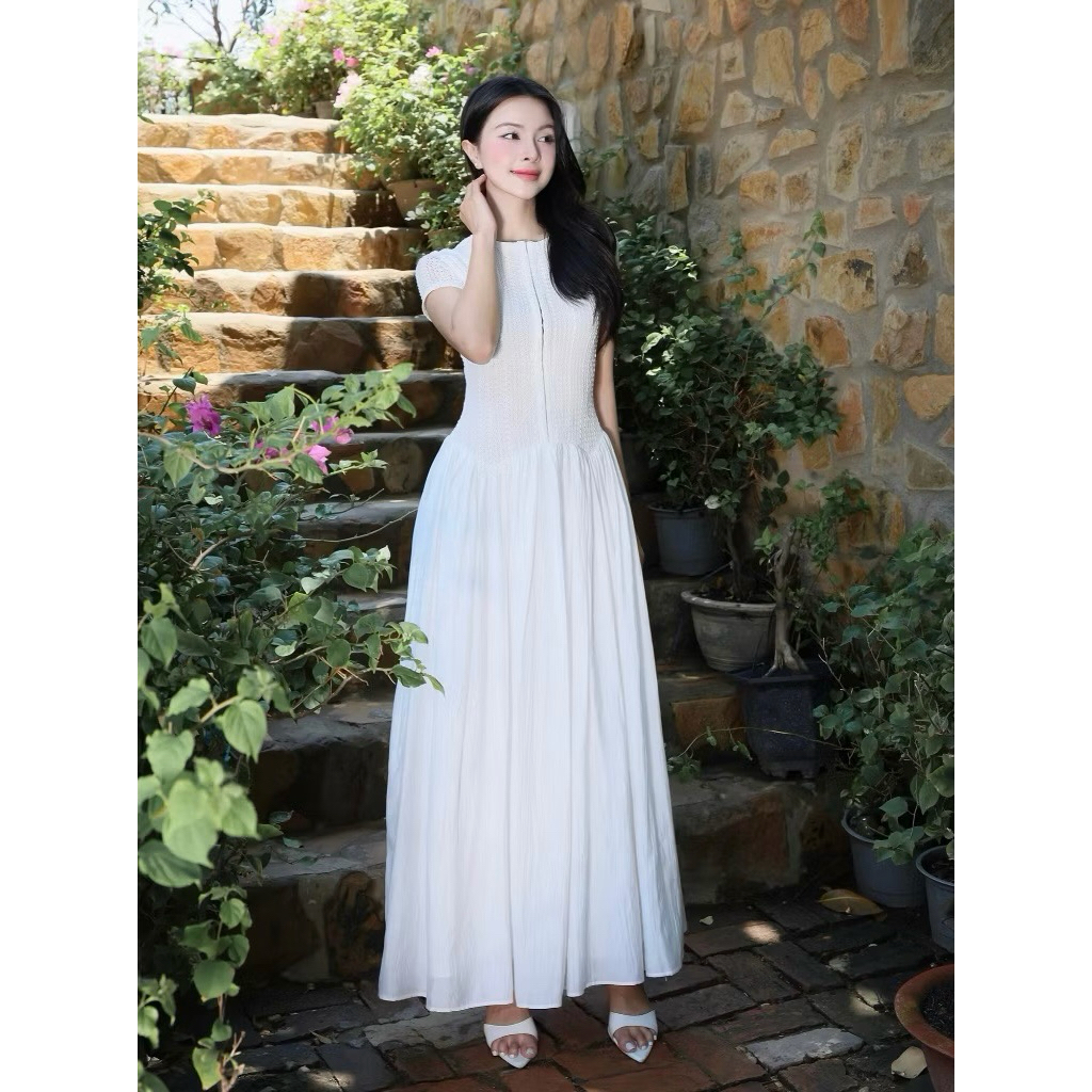 Đầm thun ren trắng phối linen brand BBSTORE'S fullbox