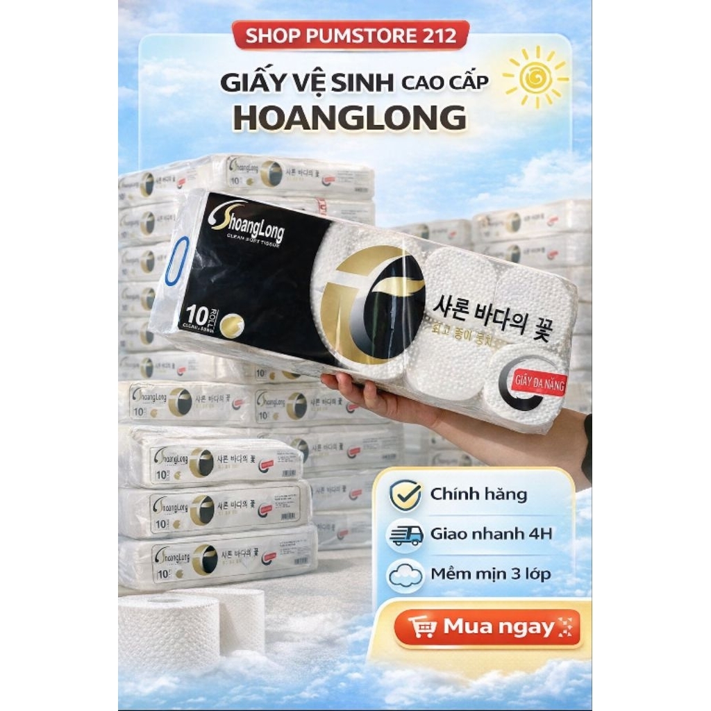 Giấy vệ sinh cuộn Hoàng Long không lõi  . lốc 10 cuộn