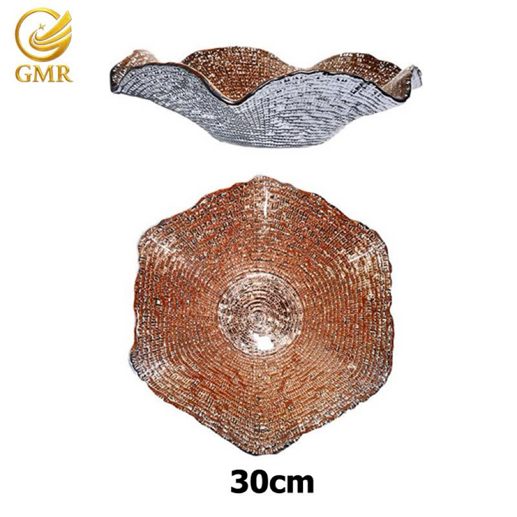 Đĩa thuỷ tinh GMR salad hổ phách, vàng, decor liên hoa cao cấp