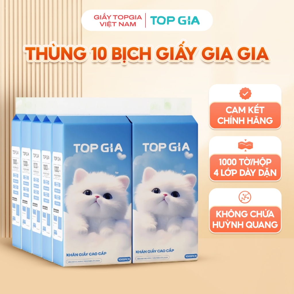 [TẶNG MÓC TREO] Thùng 10 Bịch Giấy Vệ Sinh Treo Tường GiaGia TopGia – Khăn Giấy Rút Đa Năng, 4 Lớp, 1000 Tờ/Bịch