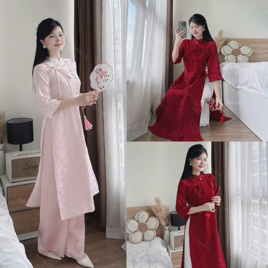 Áo Dài Cách Tân Gấm Vân Chìm Thắt Nơ Ngực Kèm Quần Lụa Set Áo Dài Nữ Cách Tân Tay Lỡ Sang Chảnh Diện Tết