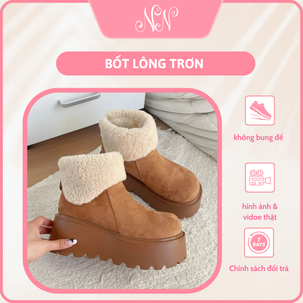 Boots Cổ Lông Ngắn Nữ Da Lộn Đế Cao Su Dày Giữ Ấm Mùa Đông