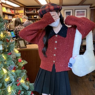  Áo khoác cardigan nữ áo len muối tiêu cúc hoa mix cổ áo đen dài tay áo đỏ noel dệt kim mềm mại L180 K2-24 